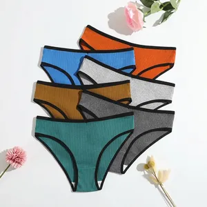 Women's Cotton Ribbed Panties Low Waist Breathable Contrast Binding Solid Color Underwear Soft Briefs