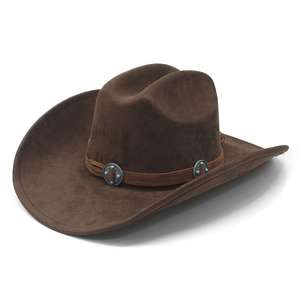 Chapeau de cowboy vintage en suédine marron foncé avec ornements en perles de turquoise
