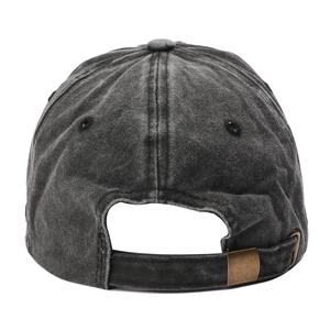 Back view of washed black USA flag baseball cap with vintage bronze adjustable buckle