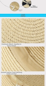 Detail of beige straw hat featuring black bow ornament and adjustable inner drawstring