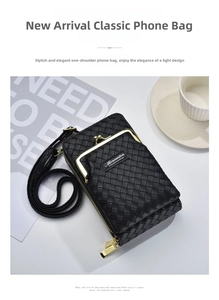 Détail du sac à téléphone noir tissé avec boucle dorée vintage et poche zippée