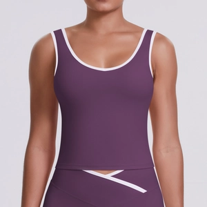 Débardeur de sport prune moulant avec bordure contrastée et ourlet croisé pour yoga