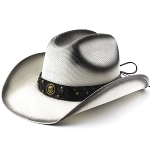 Silver western cowboy hat with black gradient brim and leather studded band