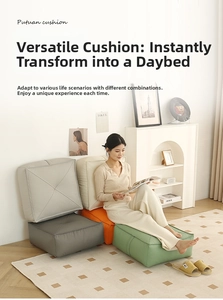 Detail of square tech-cloth floor cushions in grey, orange, and green colors