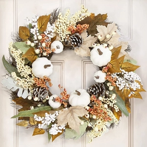 Autumn Thanksgiving Wreath White Pumpkin Pine Cone Maple Leaf Berry Hanging Decoration For Front Door Wall Harvest Home
