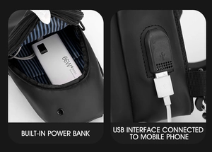 Detail of waterproof chest bag featuring external USB charging port and striped interior