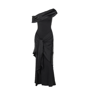 Elegant black satin one-shoulder maxi dress with mesh ribbons and gathered waist details
