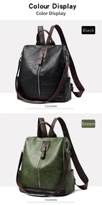 Vertical zip detail on black and green pebbled faux leather backpacks with metal hardware