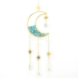 Gold moon sun catcher with blue crystal gravel and transparent prism pendant decoration