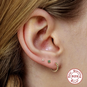 S925 sterling silver gold earrings set with emerald green zircon square stud and hoop