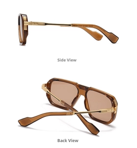 Makroansicht der Seiten- und Rückendetails der Retro-Pilotensonnenbrille mit Goldbügeln