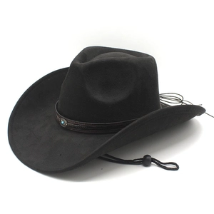 Classic black suede western cowboy hat with turquoise bead and adjustable chin strap