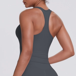 Detail of the racerback design on high-elasticity quick-dry sports vest in charcoal grey