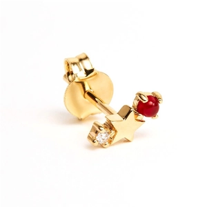 Macro shot of S925 silver star stud earring with red stone and sparkling crystal