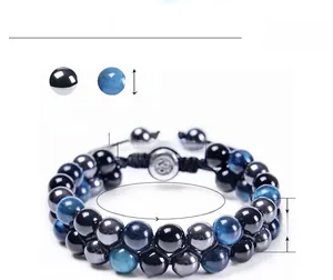 Detailed size chart of double-layer blue tiger eye and hematite beaded bracelet