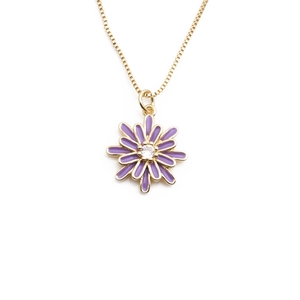 Elegant gold necklace with a purple daisy pendant and sparkling cubic zirconia center