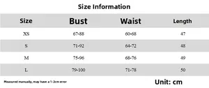 Tableau des tailles pour haut dos nu avec mesures de poitrine et de taille
