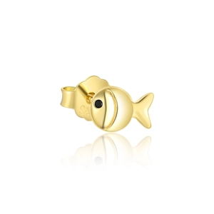 Detail view of gold fish stud earring showing S925 silver hallmark on the needle