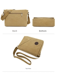 Detailed views of the khaki canvas messenger bag showing back pocket and bottom structure