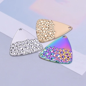 Three triangular stainless steel pendants in gold, silver, and rainbow 18k plated finish