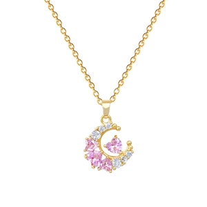 Titanium steel moon pendant necklace with pink heart and clear zircon gemstones