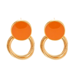 Minimalist vintage gold metal hoop earrings with round orange enamel stud accent