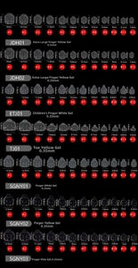 Detailed size guide for double-sided jelly adhesive nail tabs in various thicknesses