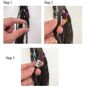 Three-step tutorial showing how to apply silver hollow metal cuffs to brown dreadlocks