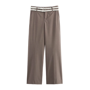 Women Pinstripe Straight Leg Pants With Double White Belts Polyester Mid Waist Office Commute Trousers Khaki Brown