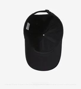 Detail of black cotton baseball cap interior featuring six-panel structure and sweatband
