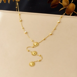 Sunflower Pendant Y-Shaped Tassel Necklace Stainless Steel Rhinestone Inlaid Golden Chic Clavicle Chain For Women