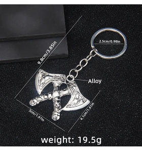 Detail view of viking double axe keychain with precise dimensions and alloy texture