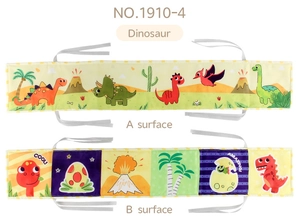 Detailed view of the double-sided dinosaur themed soft cloth book with white tie-on straps