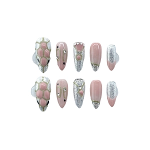 Pink snake head and grid pattern press-on nails with silver glitter and rhinestone accents