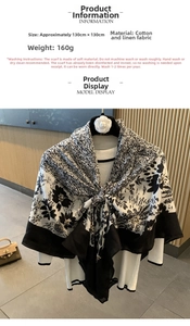 Detail view of cotton linen scarf with black and white print 130x130cm large shawl