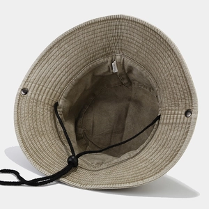 Washed vintage wide brim cotton boonie hat with windproof drawstring in khaki color