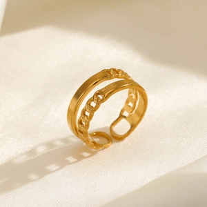 Double Layer Stainless Steel Chain Ring 18K Gold Plated Open Adjustable Minimalist Fashion Jewelry For Women