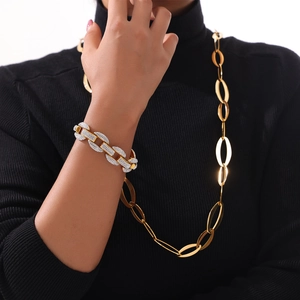 French vintage titanium steel jewelry set with crystal pavé interlocking links