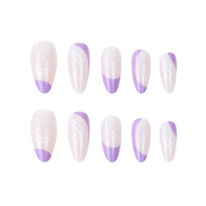 French style purple and white almond false nails with elegant wavy lines set