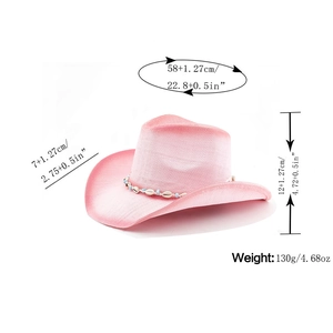 Pink bohemian straw cowboy hat with shell beads and detailed size dimensions