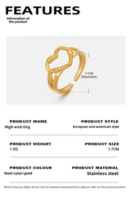 Detail showing 1.7cm adjustable diameter and 1.5g weight of gold heart ring
