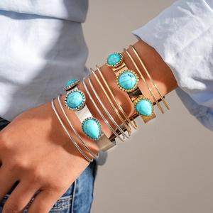 Bohemian style stackable acrylic gemstone cuff bracelets with turquoise insets in gold finish