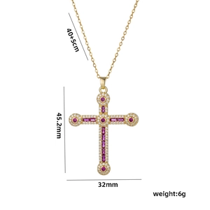 Hip hop gold cross necklace with purple stones and size dimensions 45x32mm
