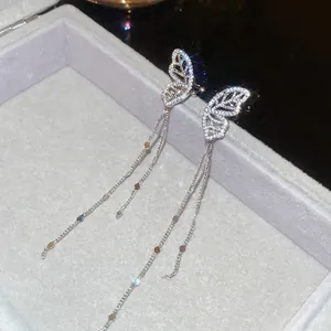 Sparkling zircon hollow butterfly earrings with long chain tassels in silver finish