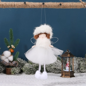 White plush Christmas angel hanging ornament with mesh skirt for holiday tree decoration