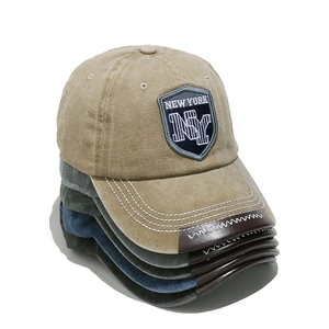 Retro washed cotton NY baseball dad hat with embroidered patch and contrast stitching