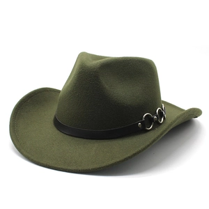 Detail of dark olive wool fedora hat featuring a black leather band with silver metal rings