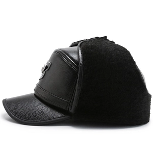 Men's black winter leather bomber hat with ear flaps and warm faux fur lining