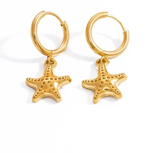 Detailed close-up of 18k gold plated stainless steel starfish earrings on white background
