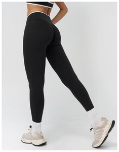Dettaglio dei leggings da yoga a vita alta con bordo a contrasto ed effetto modellante